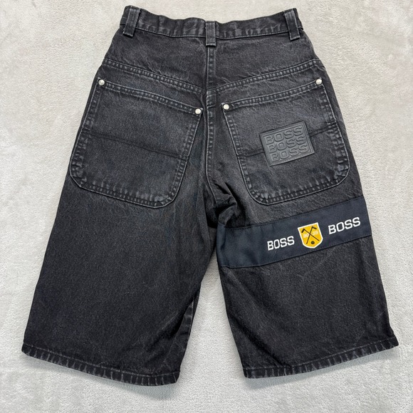 Vintage Boss Denim Shorts Mens 28 Black Y2K Hip Hop Baggy 13" Streetwear USA - Picture 7 of 15